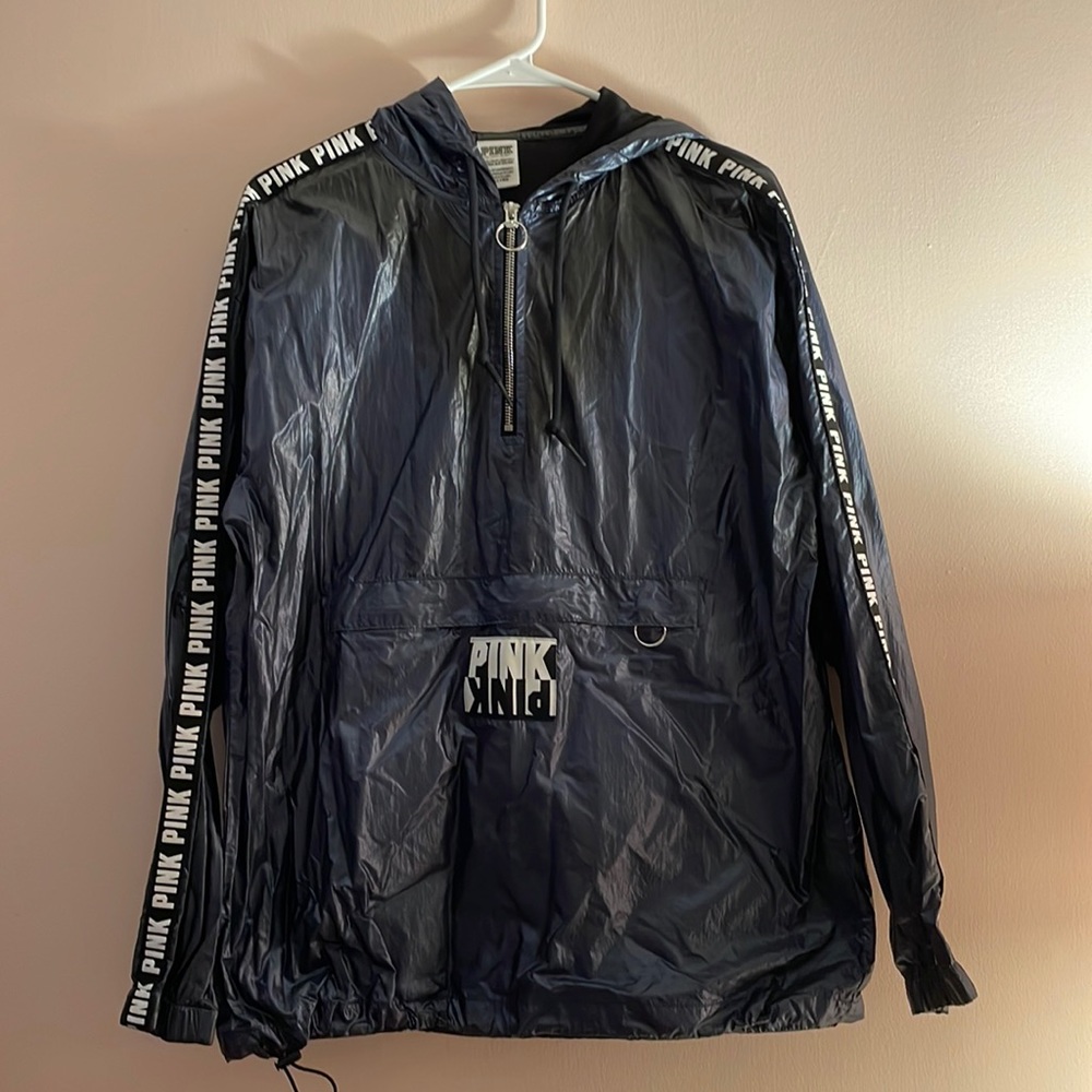 Victoria’s Secret PINK rain hoodie, size XS/S, navy blue fluorescent
